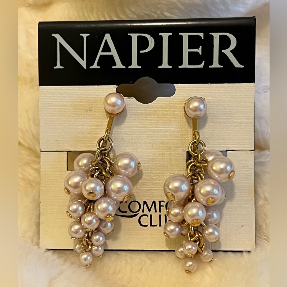 Napier Gold and Cream Pearl Cluster Drop Earrings NWT